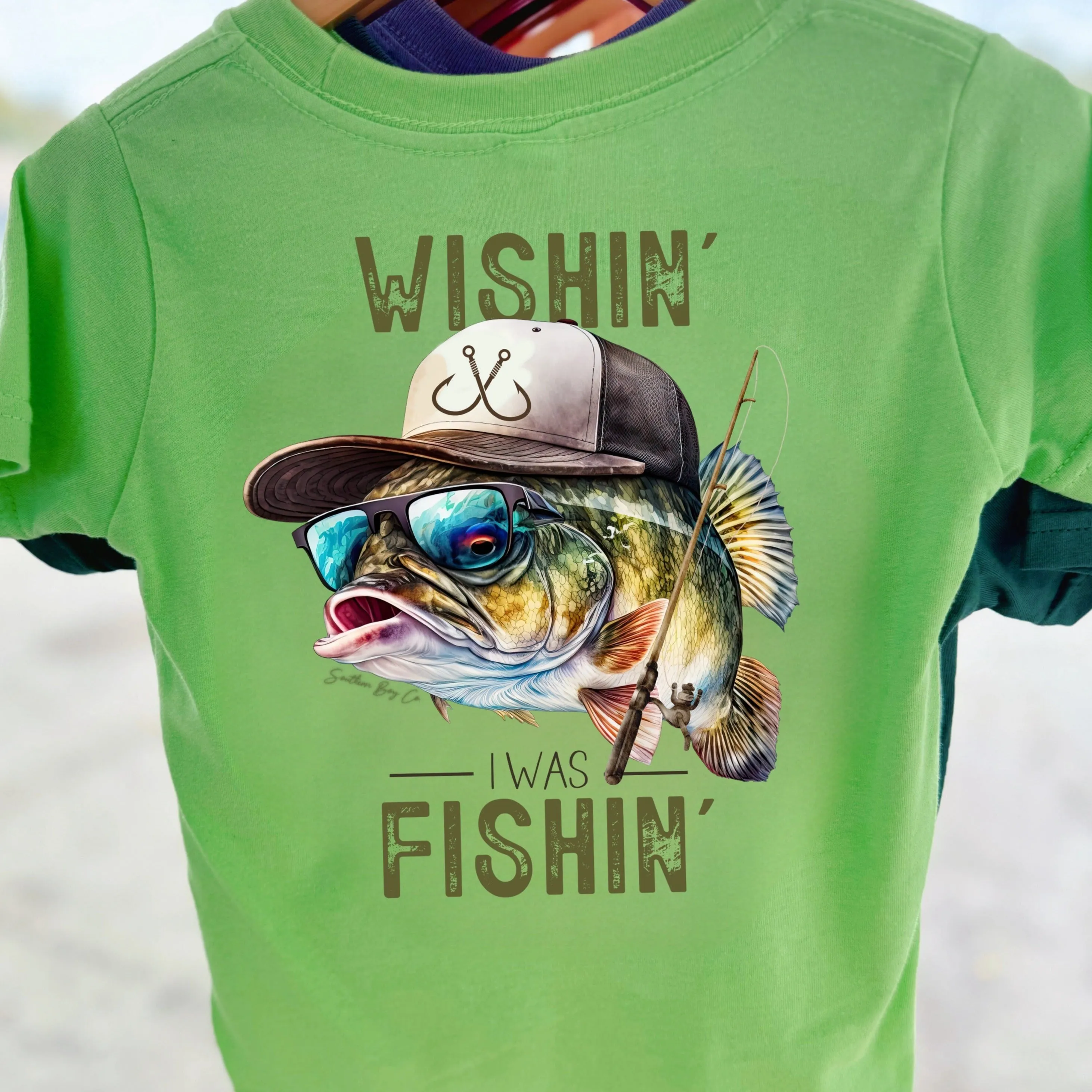 (Bass With Hat) Wishin’ I Was Fishin’ Short Sleeve Kids Tee