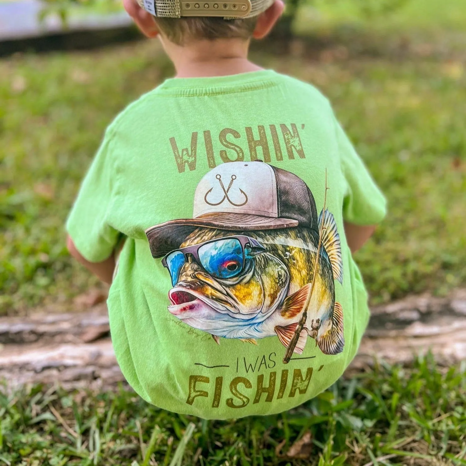 (Bass With Hat) Wishin’ I Was Fishin’ Short Sleeve Kids Tee