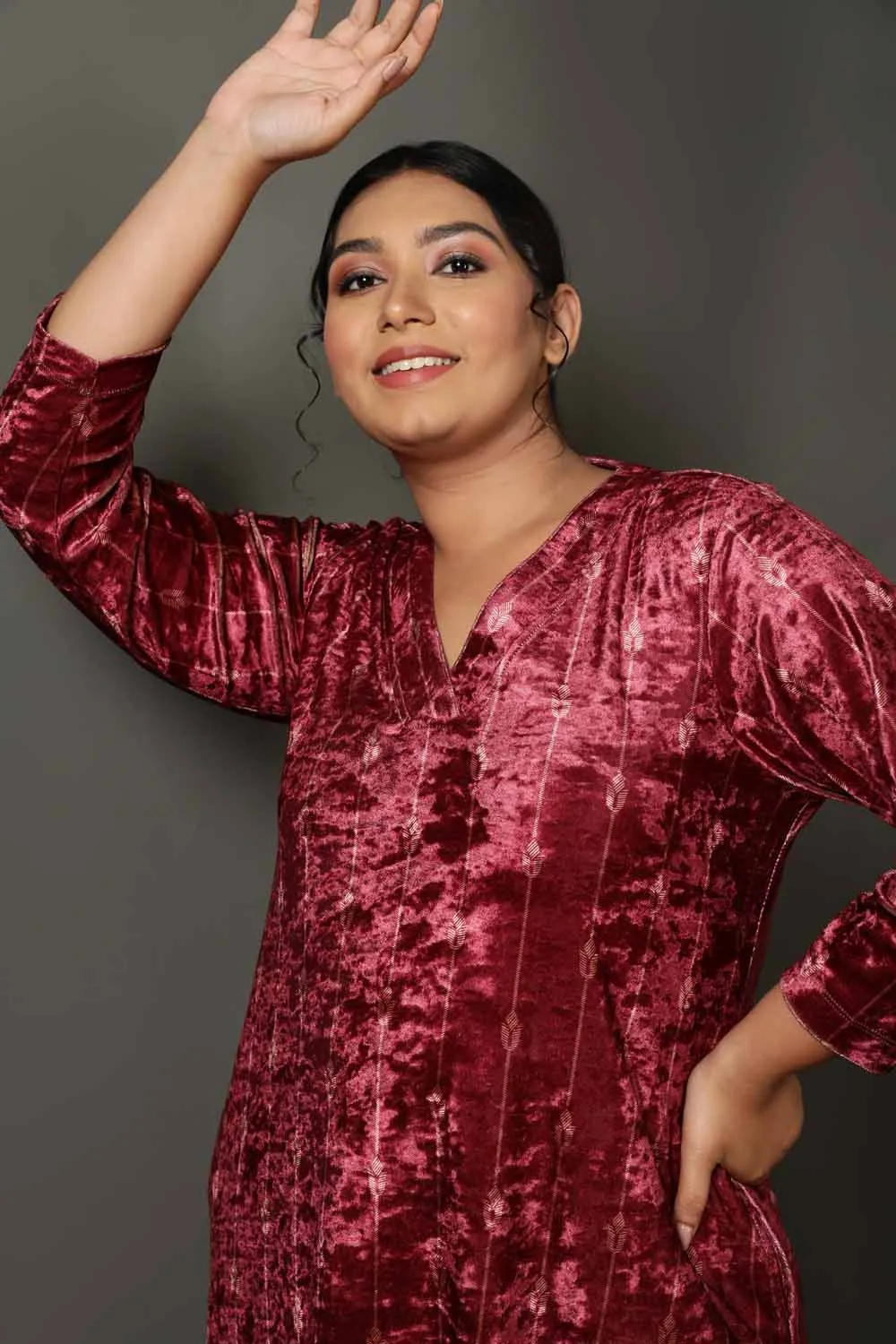 Deep Red Velvet V Neck Kurta