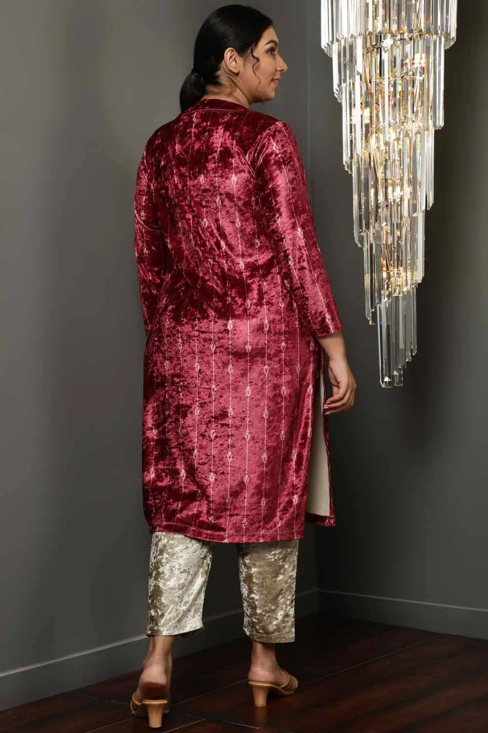 Deep Red Velvet V Neck Kurta