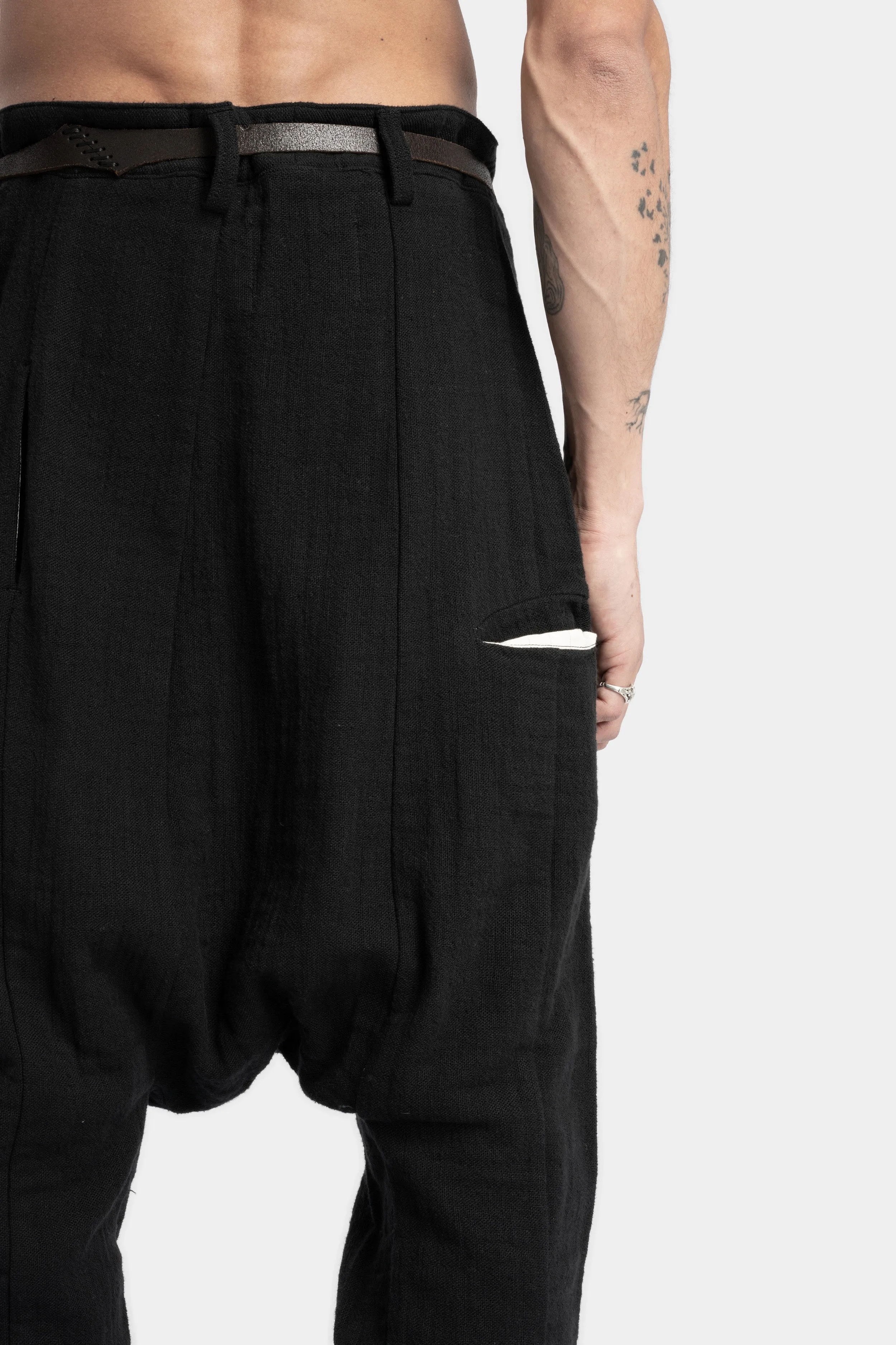 Drop crotch cross front pants