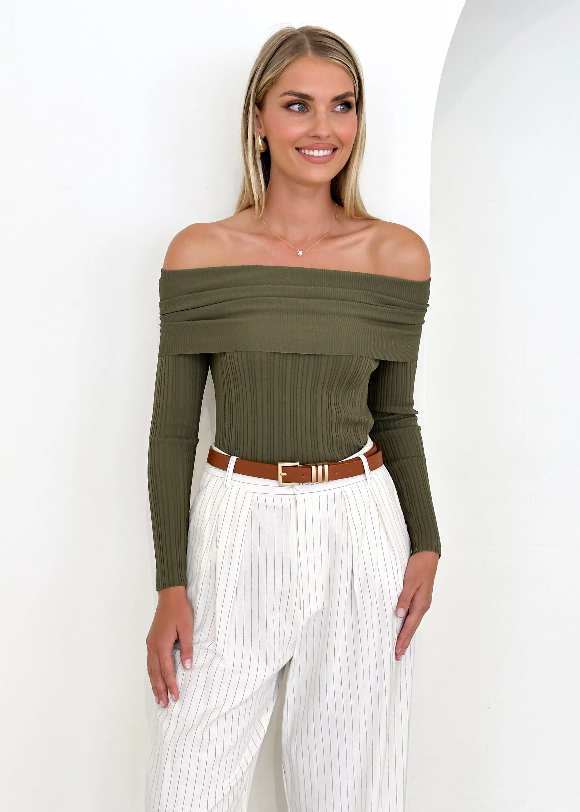 Ellsae Off Shoulder Knit Top - Khaki