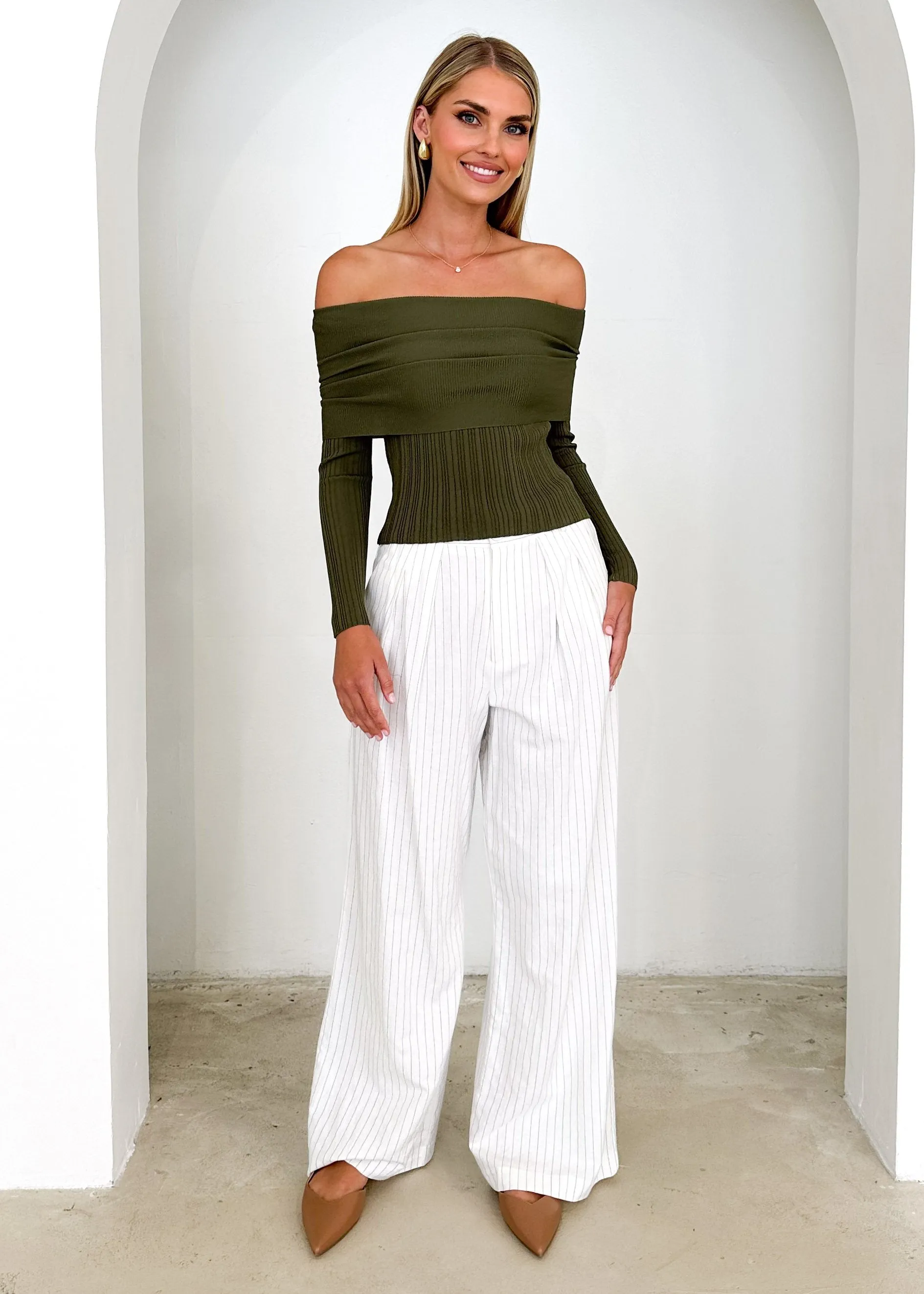 Ellsae Off Shoulder Knit Top - Khaki