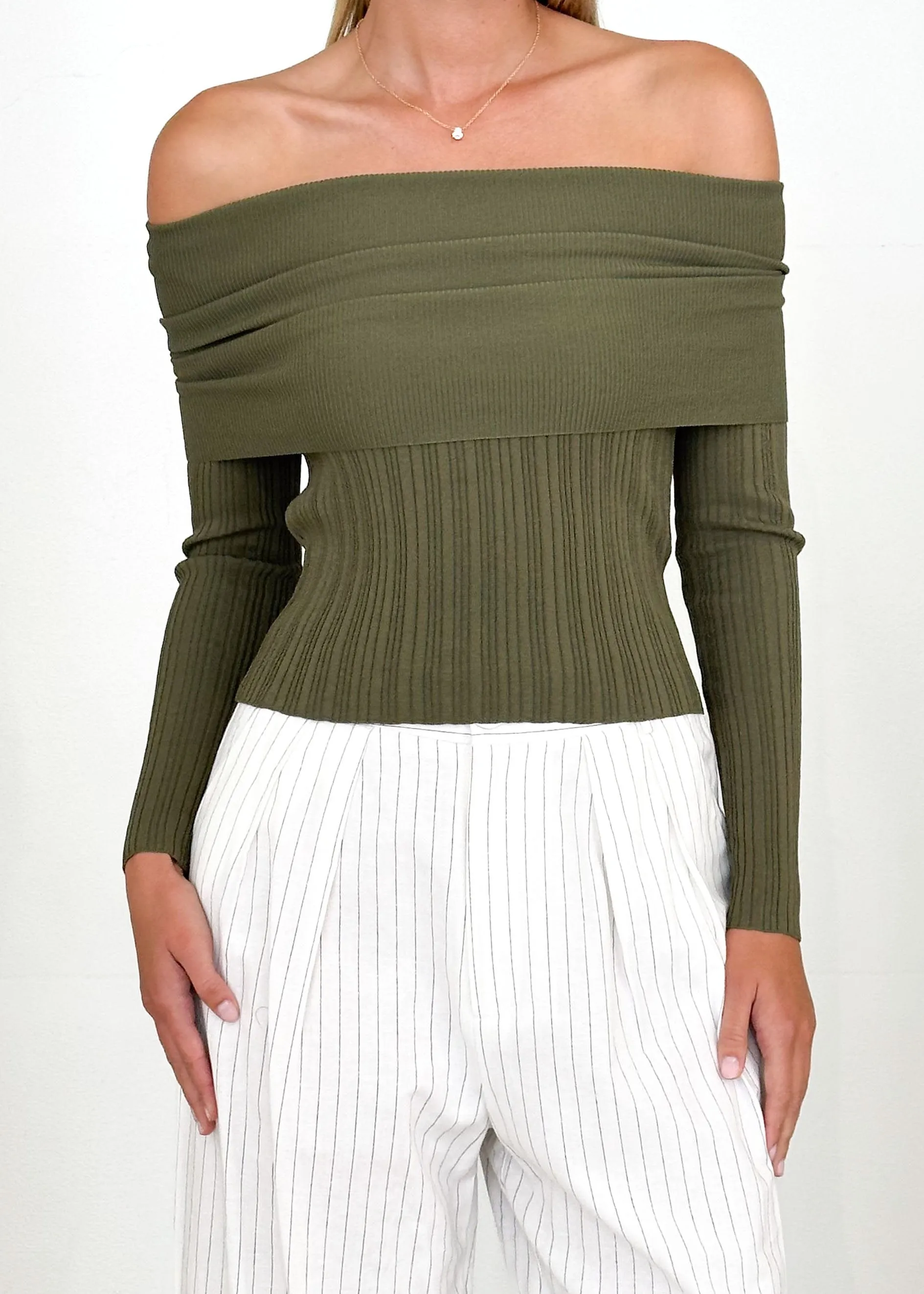 Ellsae Off Shoulder Knit Top - Khaki