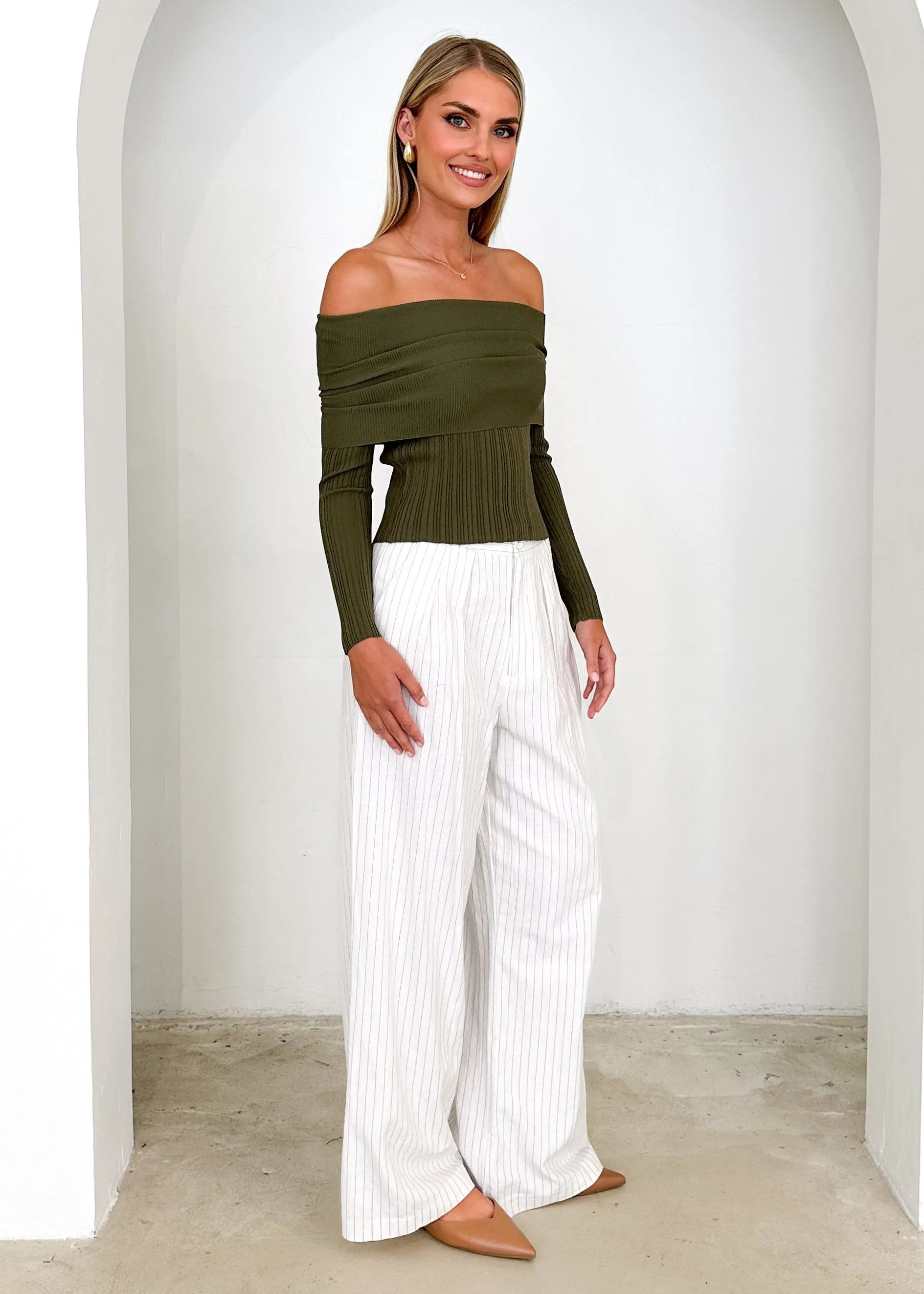 Ellsae Off Shoulder Knit Top - Khaki