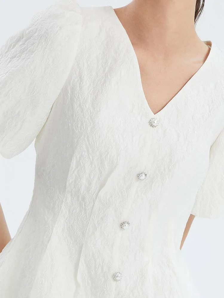 Fitted Waist & V-Neck Jacquard Dress