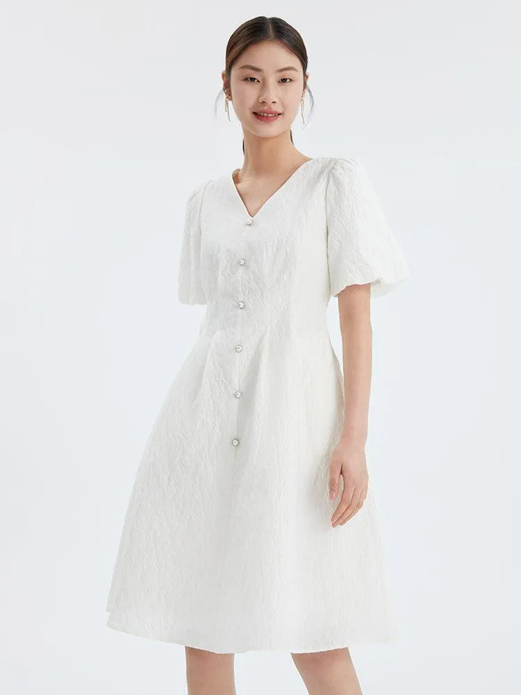 Fitted Waist & V-Neck Jacquard Dress