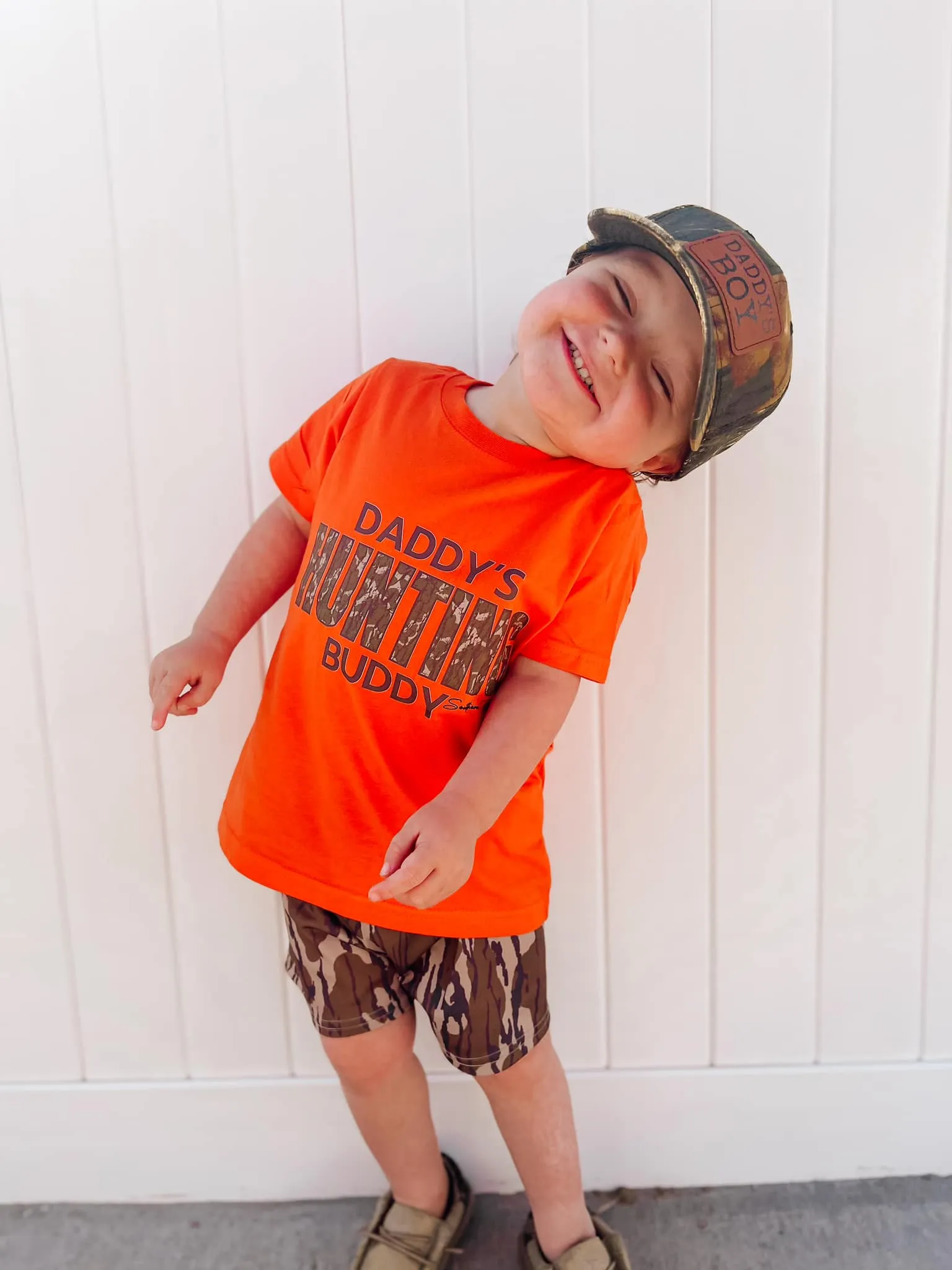 (FRONT) Orange Camo Daddy's Hunting Buddy Kids Tee