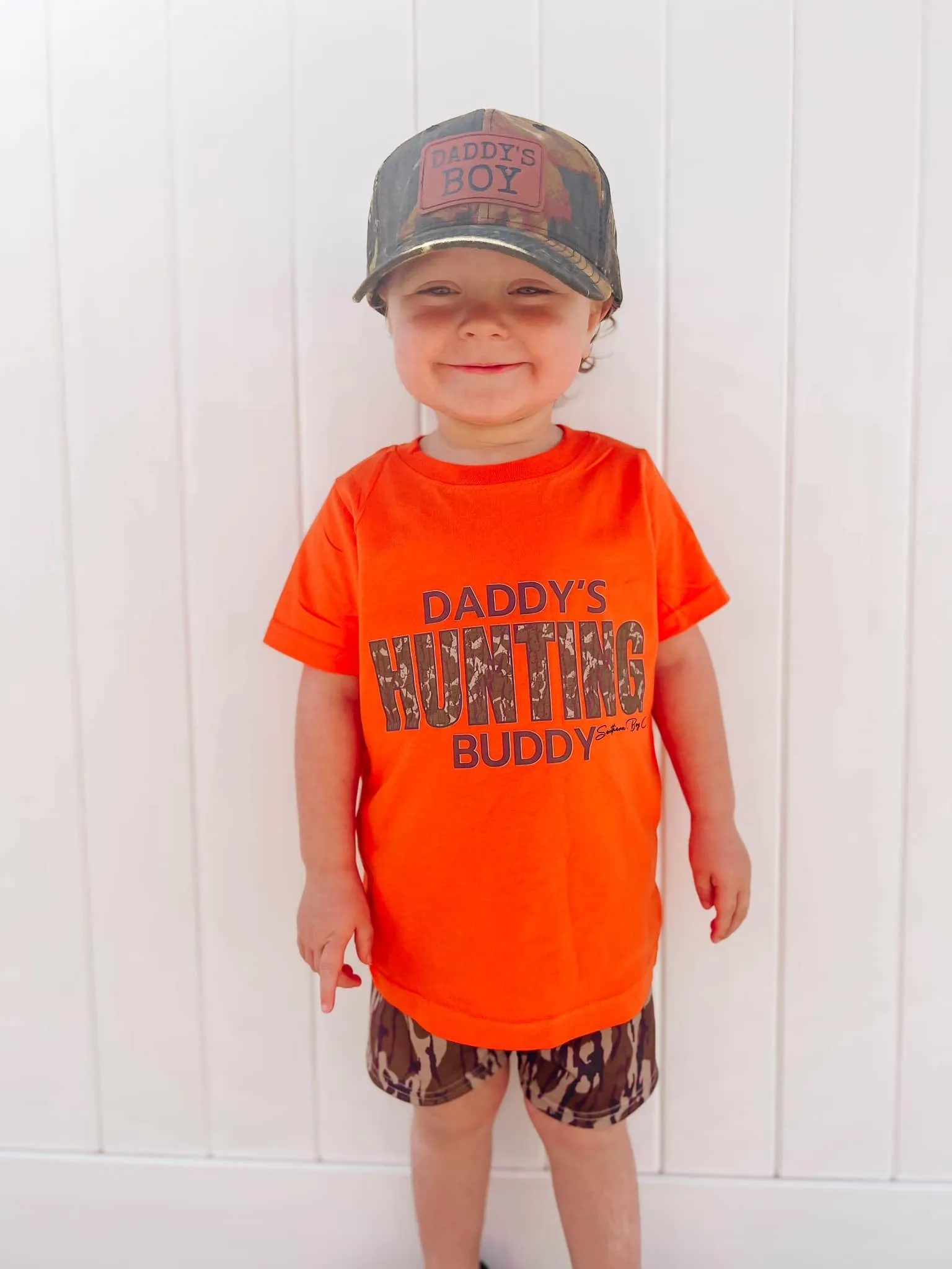 (FRONT) Orange Camo Daddy's Hunting Buddy Kids Tee