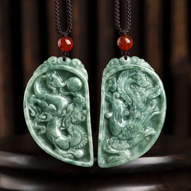 Genuine natural Jadeite Chinese zodiac Dragon and Phoenix pendant