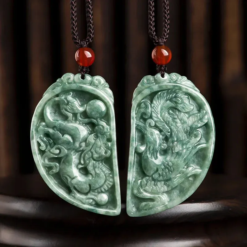 Genuine natural Jadeite Chinese zodiac Dragon and Phoenix pendant