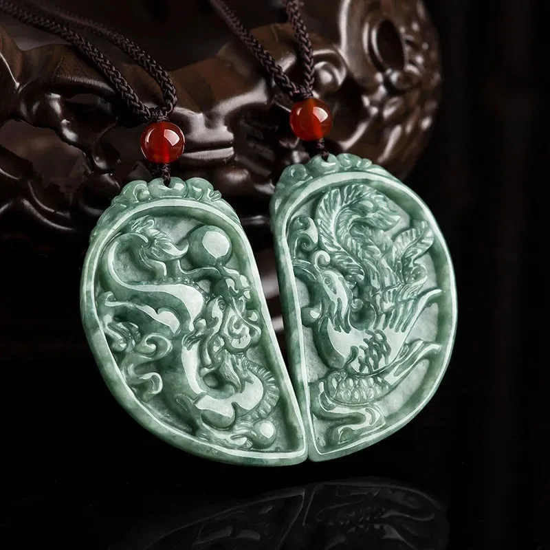 Genuine natural Jadeite Chinese zodiac Dragon and Phoenix pendant
