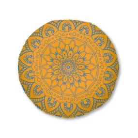 Handmade Mandala Art Floor Cushion - Steel Blue/Orange - Tufted Round