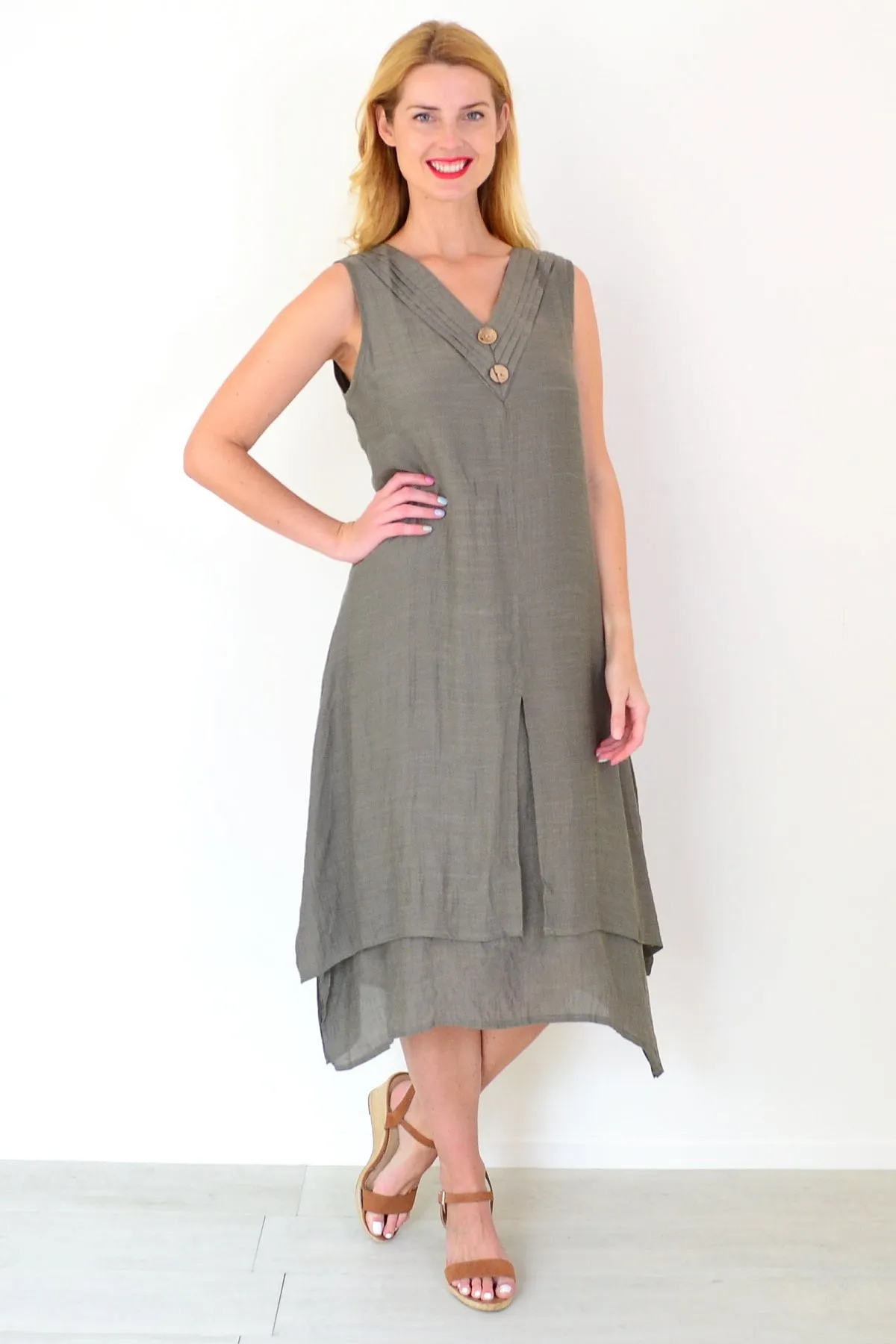 Khaki Sleeveless Coconut Button Tunic Dress
