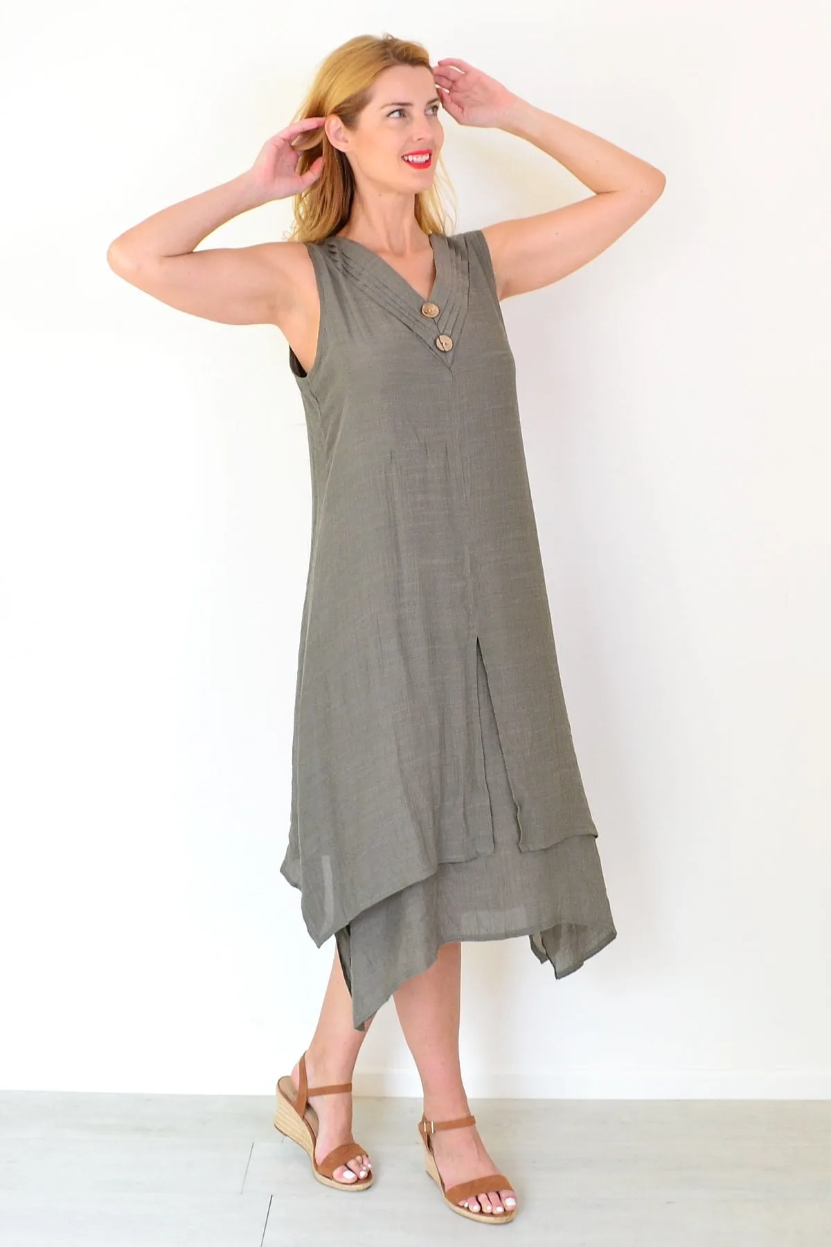 Khaki Sleeveless Coconut Button Tunic Dress