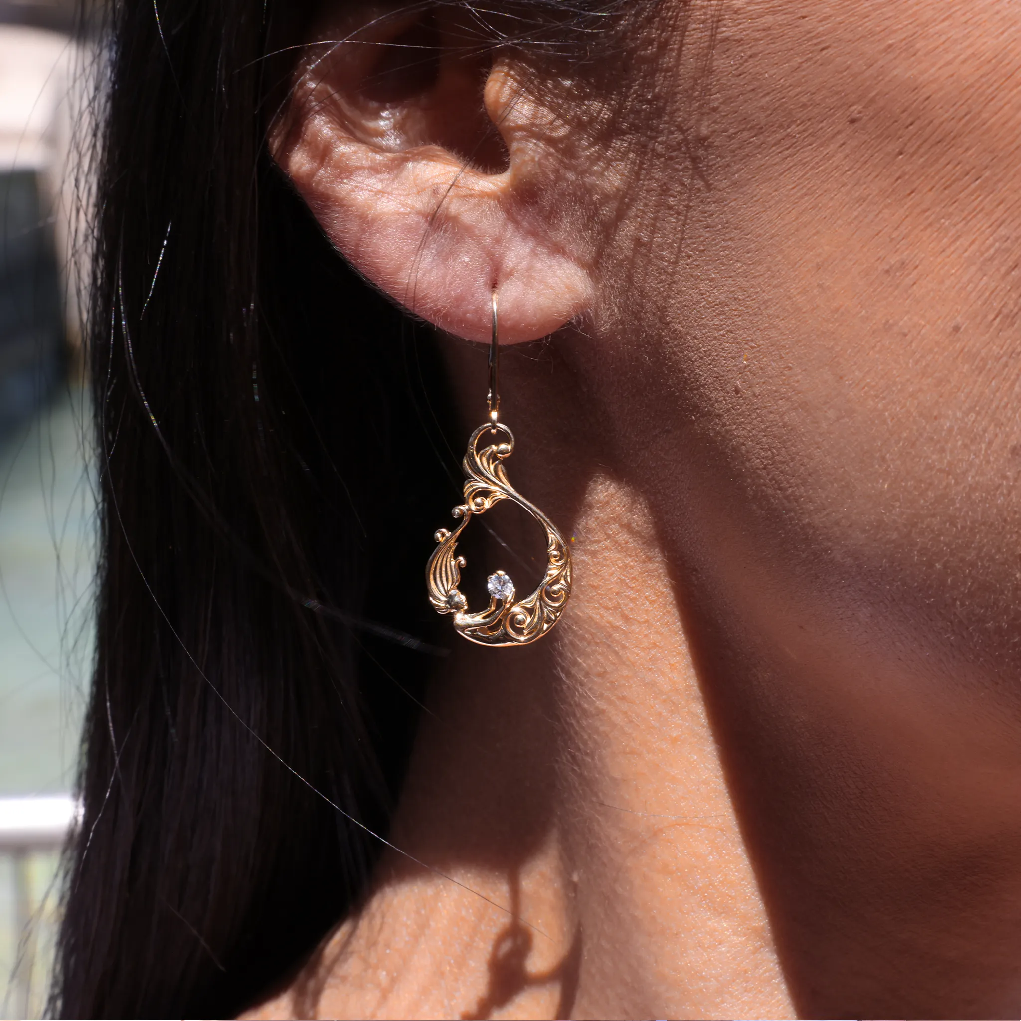 Living Heirloom Mermaid Earrings in Gold with Diamonds - 25mm