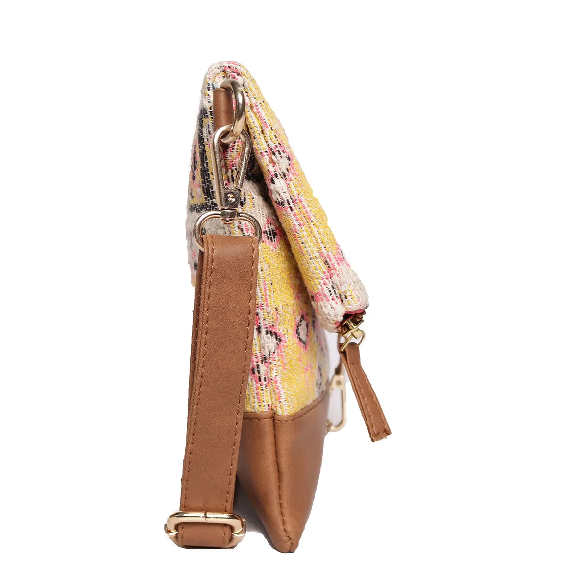 Multi Colour  Dhurry   Fabric Crossbody Sling/Travel Pouch With Pu Handle