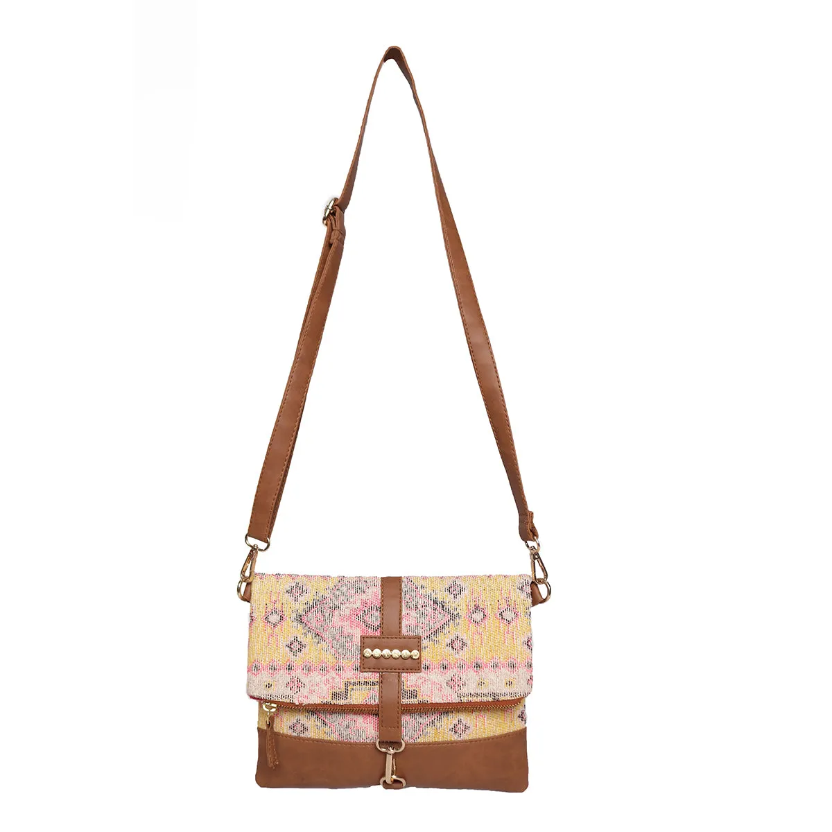 Multi Colour  Dhurry   Fabric Crossbody Sling/Travel Pouch With Pu Handle