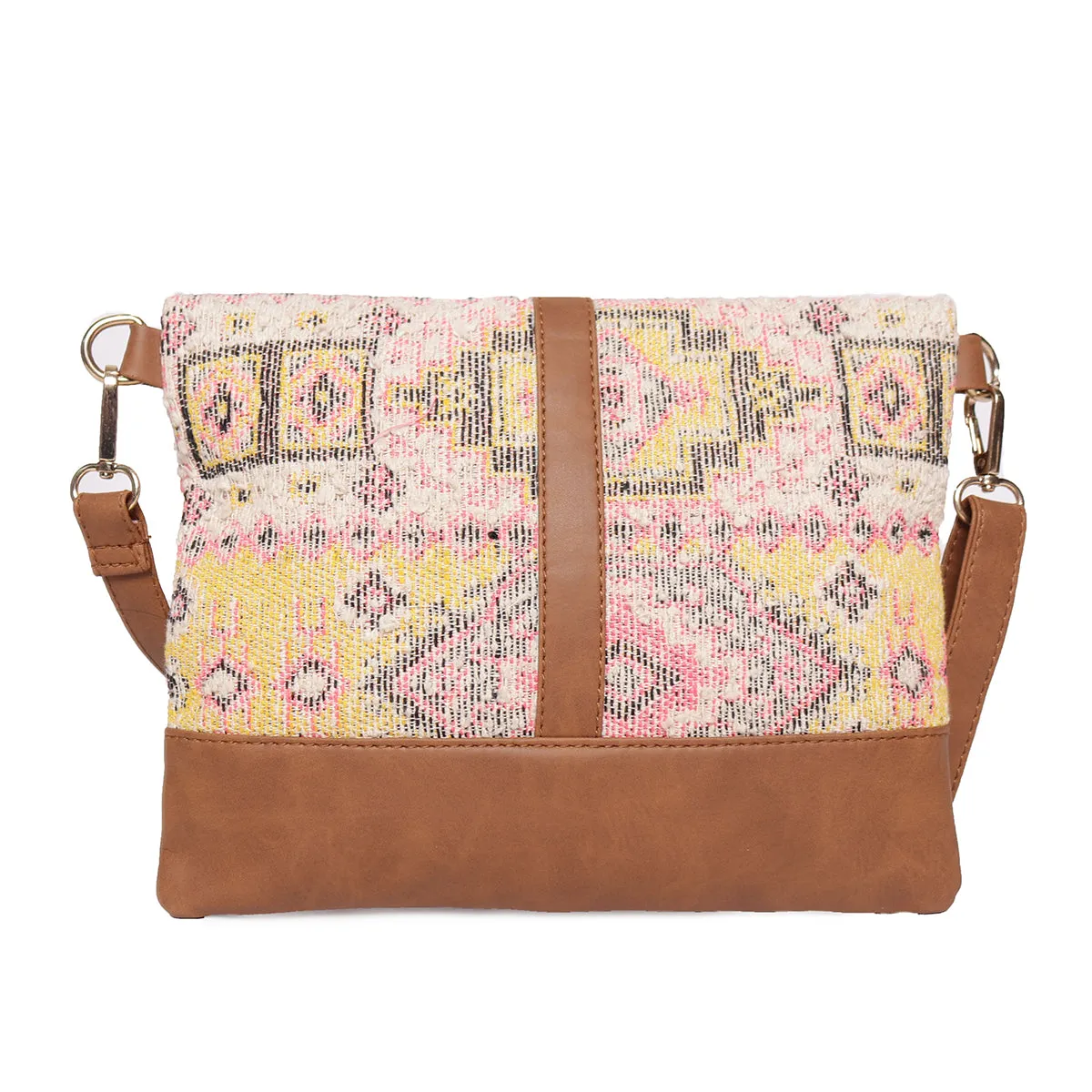 Multi Colour  Dhurry   Fabric Crossbody Sling/Travel Pouch With Pu Handle
