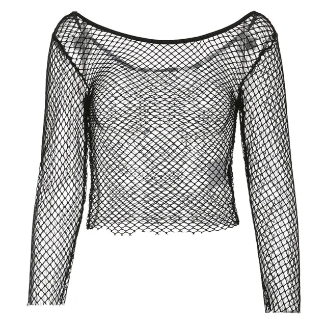 'Night Owl' Black Goth Alternative Fishnet Crop Top