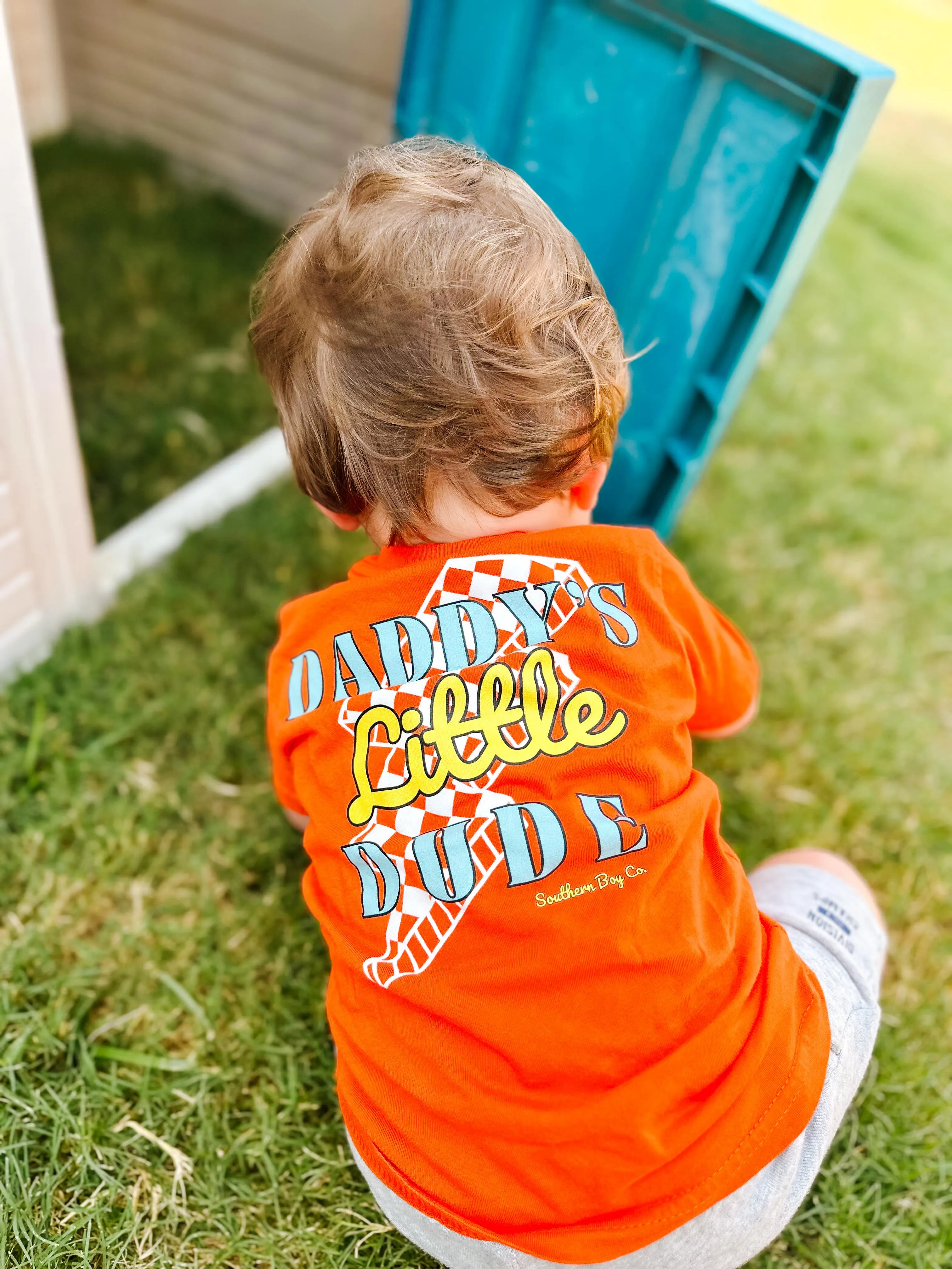 (ORANGE) Checkered Bolt Daddy's Little Dude Short Sleeve Tee