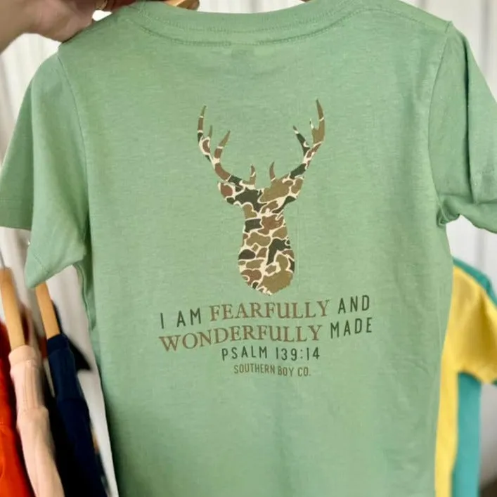 (Sage) Camo Deer I Am Fearfully & Wonderfully Made Short Sleeve Kids Tee