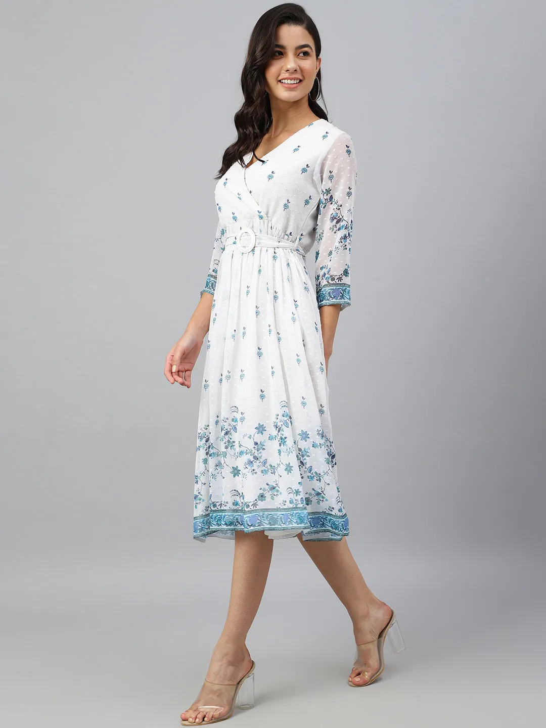 White Georgette Digital Print Flared Western Dress