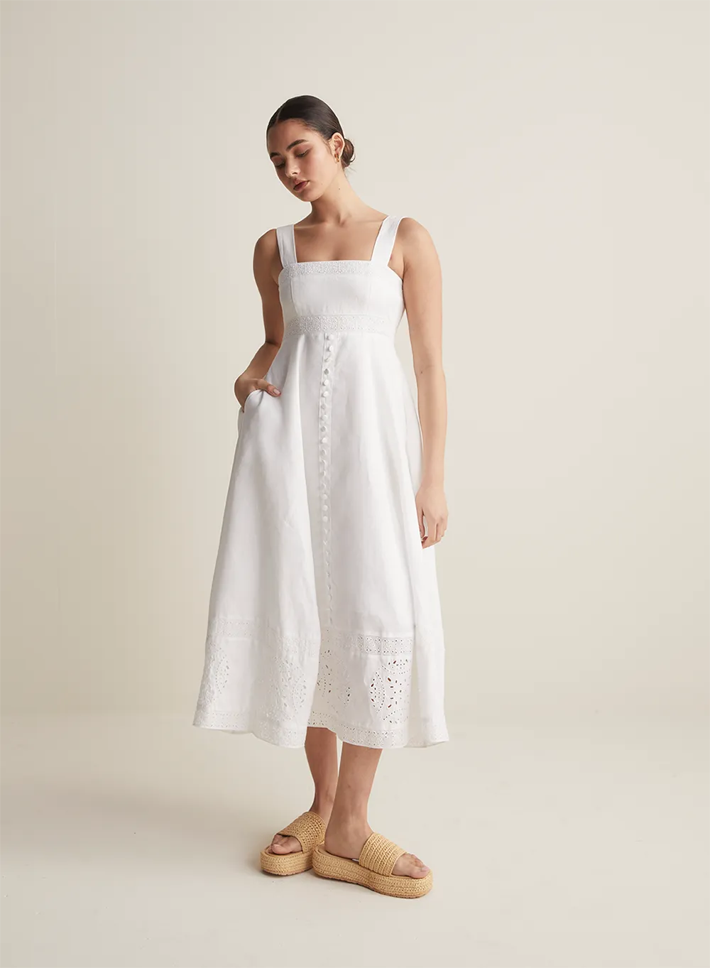 Winona Linen Embroidery Midi Dress | Restock