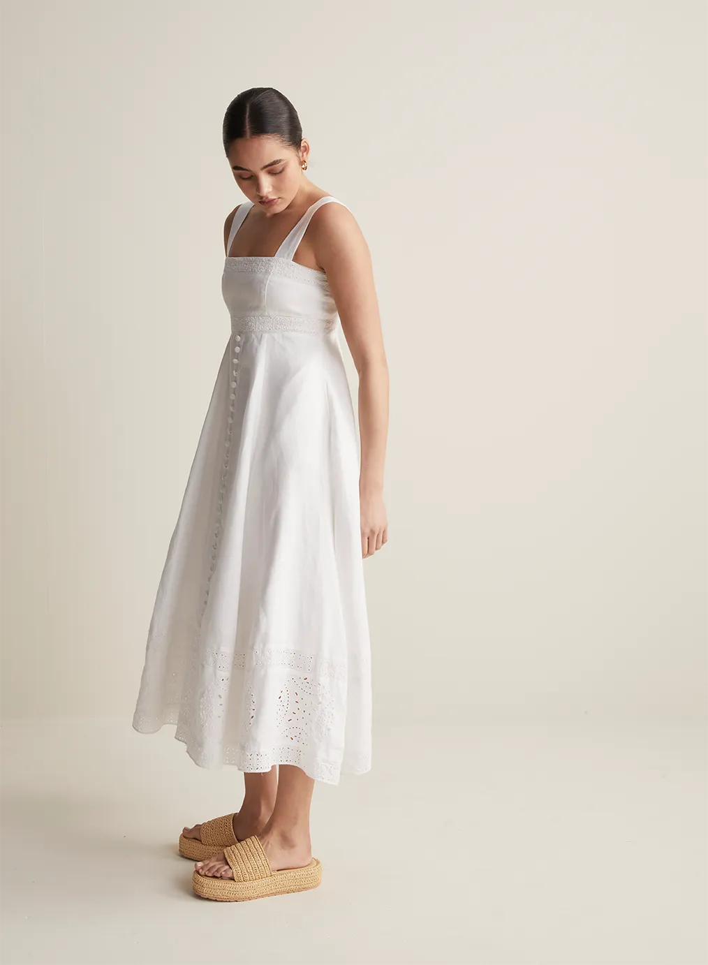 Winona Linen Embroidery Midi Dress | Restock