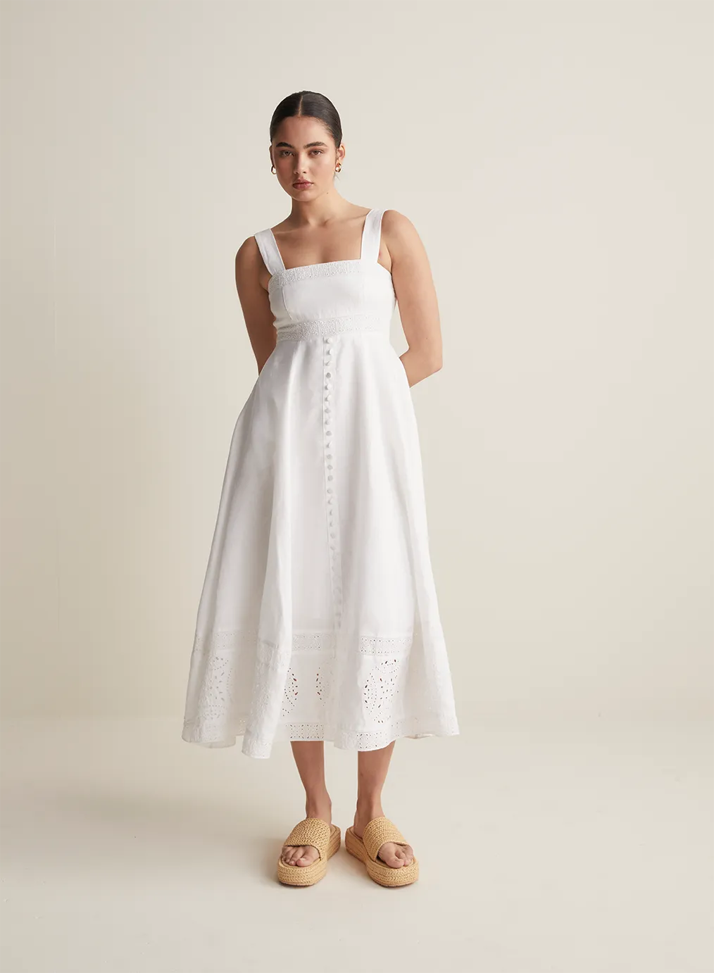 Winona Linen Embroidery Midi Dress | Restock
