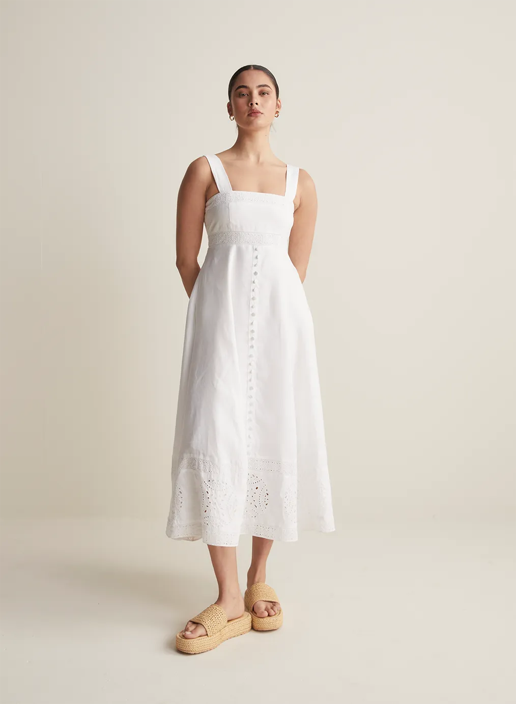 Winona Linen Embroidery Midi Dress | Restock
